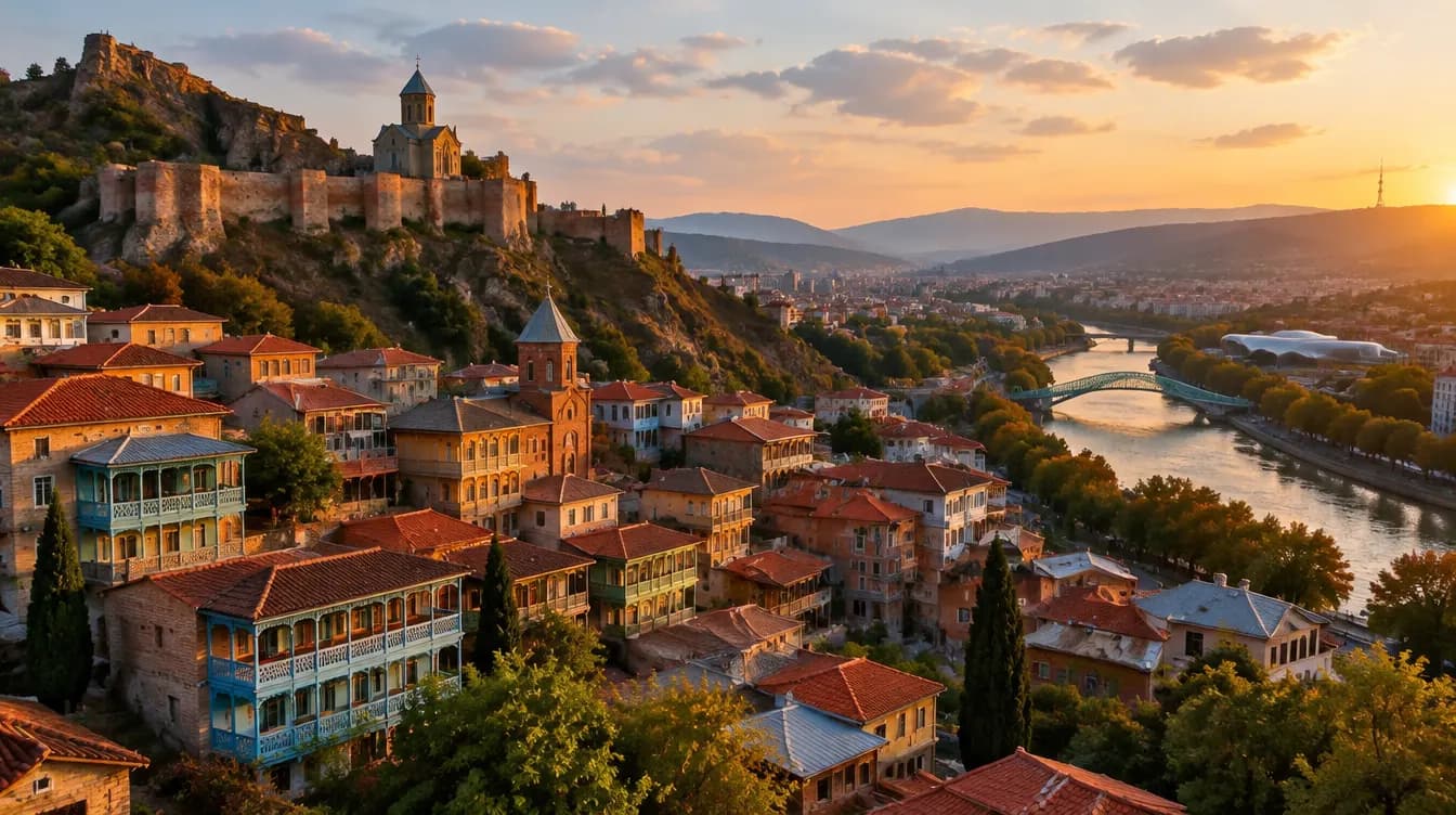Altstadt von Tiflis mit Festung Narikala und dem Fluss Mtkvari bei Sonnenuntergang