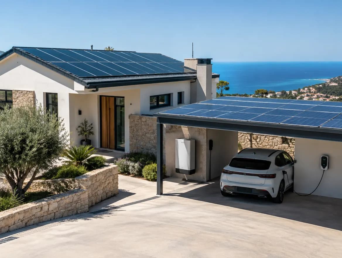 Mediterranes Wohnhaus mit Solarmodulen auf dem Dach und Solar-Carport