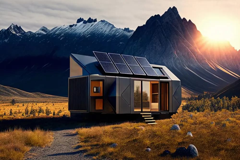 Kleines Haus mit Solarmodulen auf dem Dach