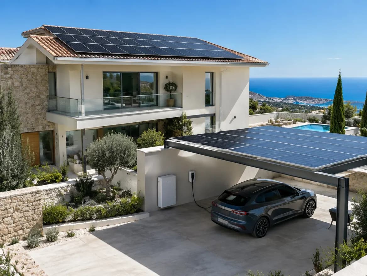 Große Villa mit Solaranlage auf Dach und Carport, Batteriespeicher und Elektroauto an der Wallbox