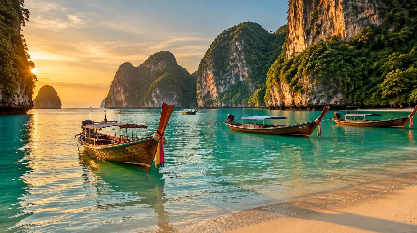 Bucht in Südthailand mit Longtail-Booten und Kalksteinfelsen bei Sonnenuntergang