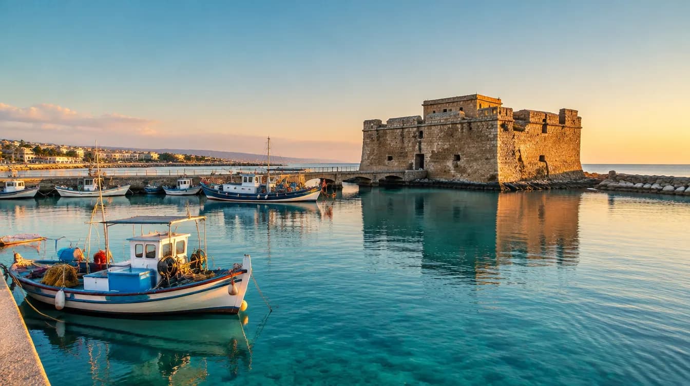 Alter Hafen von Paphos mit Festung und Fischerbooten bei Sonnenuntergang